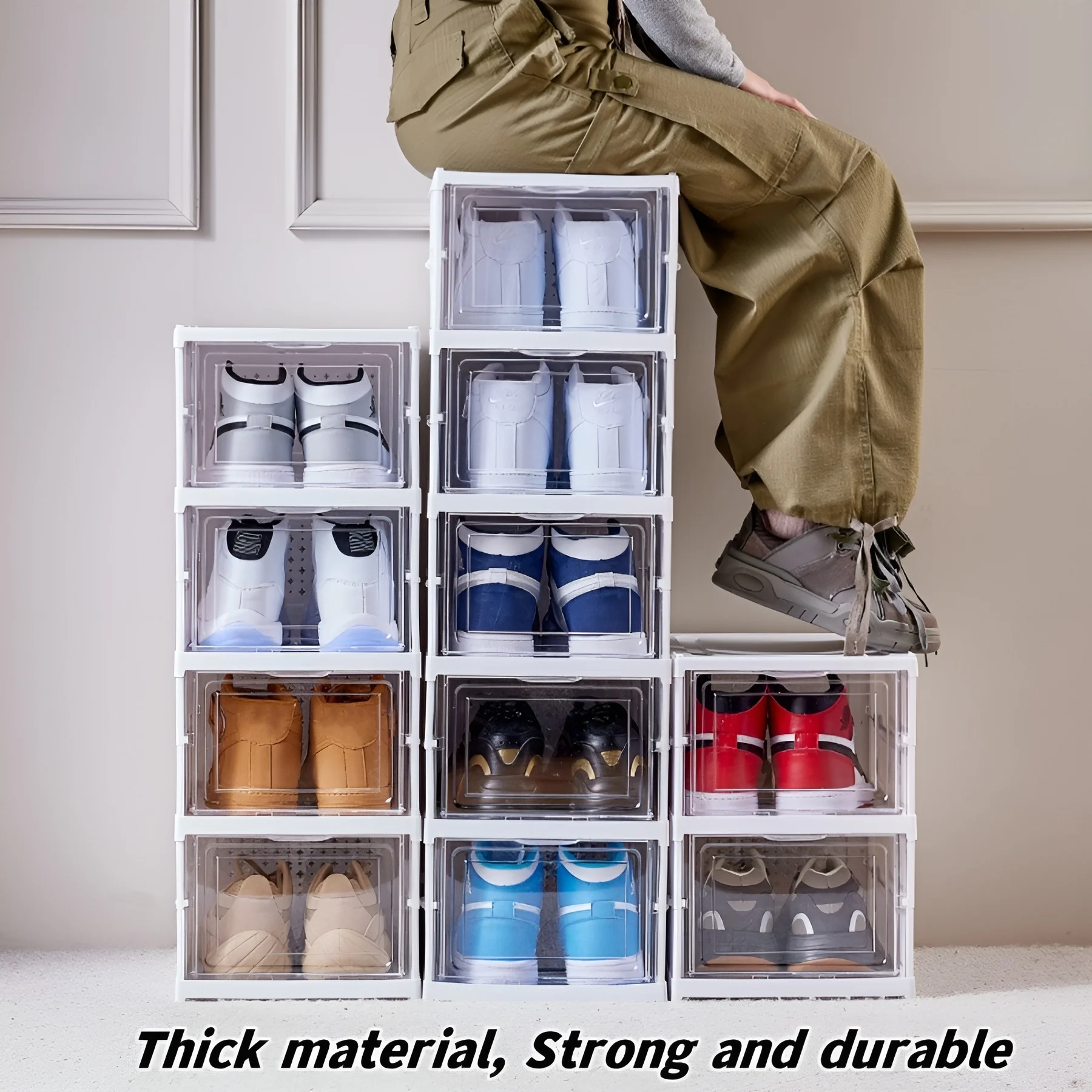 Sneaker Care Shoe Box - 6 層靴ボックス折りたたみ透明スニーカー靴収納オーガナイザーボックス積み重ね可能な防塵ハイトップキャビネット靴ラック棚